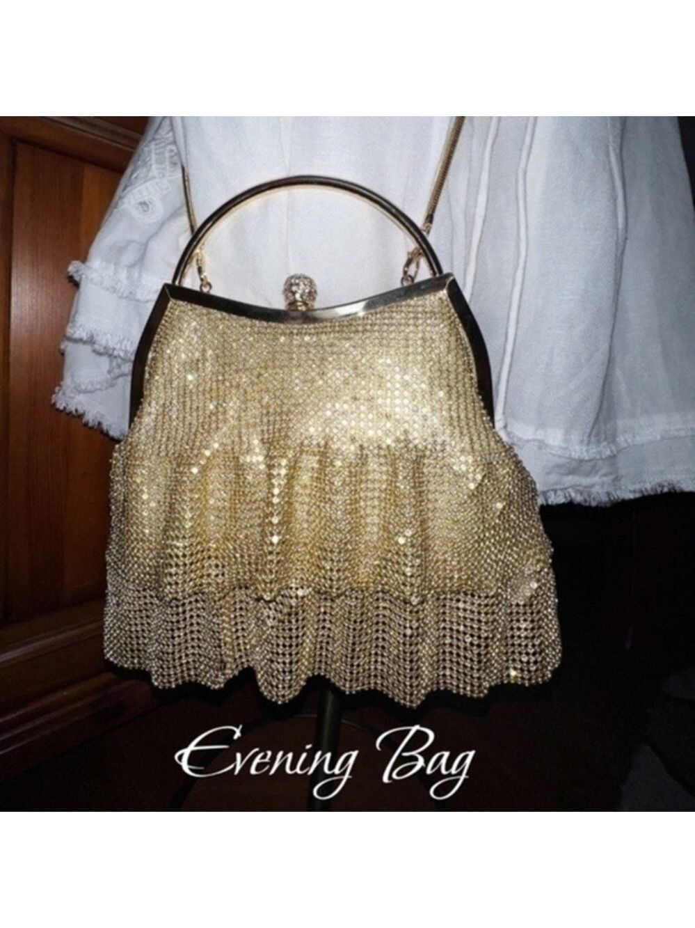 Gold Rhinestone-Mesh Fringe Evening Bag w/Detachable Crossbody Strap NWT